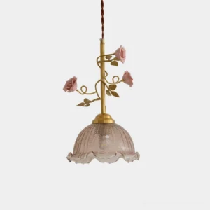 Rosy Reverie ceramic floral pendant lamp with hand-crafted pink and white porcelain roses, brass stem, and rippled cognac glass shade - overhead studio view