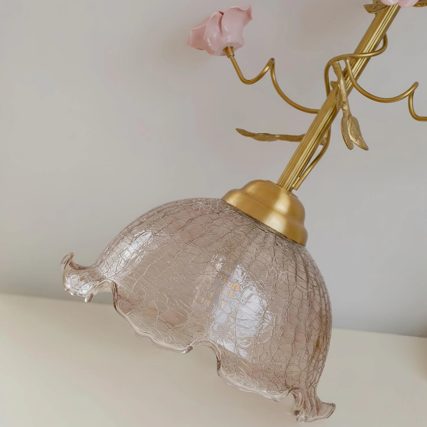 Rosy Reverie rippled glass shade and brass metal stem with sculptural rose branch detail - romantic vintage lamp assembly
