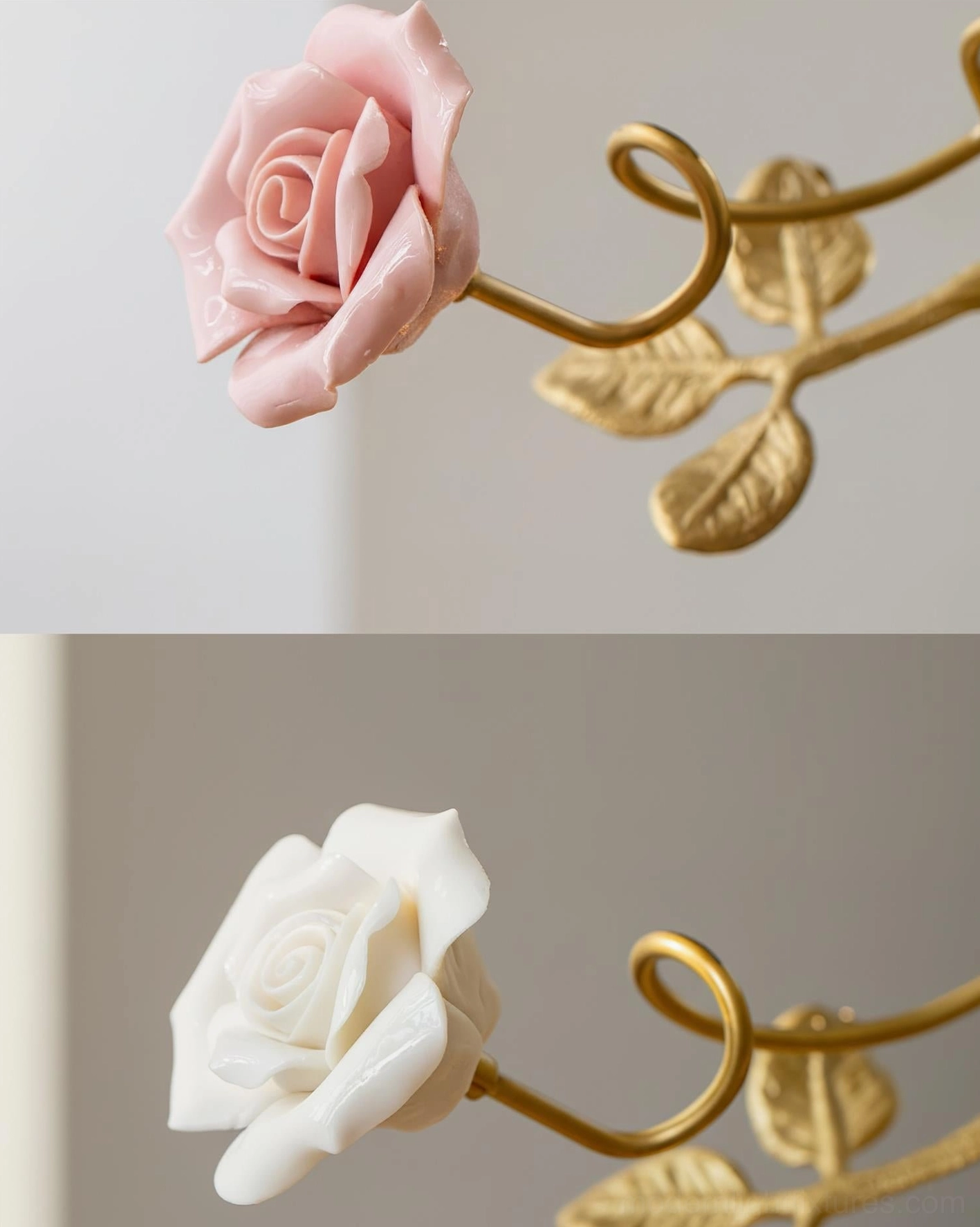 Close-up detail of Rosy Reverie floral pendant lamp showing pink ceramic roses, brass gold leaves, and metal stem construction