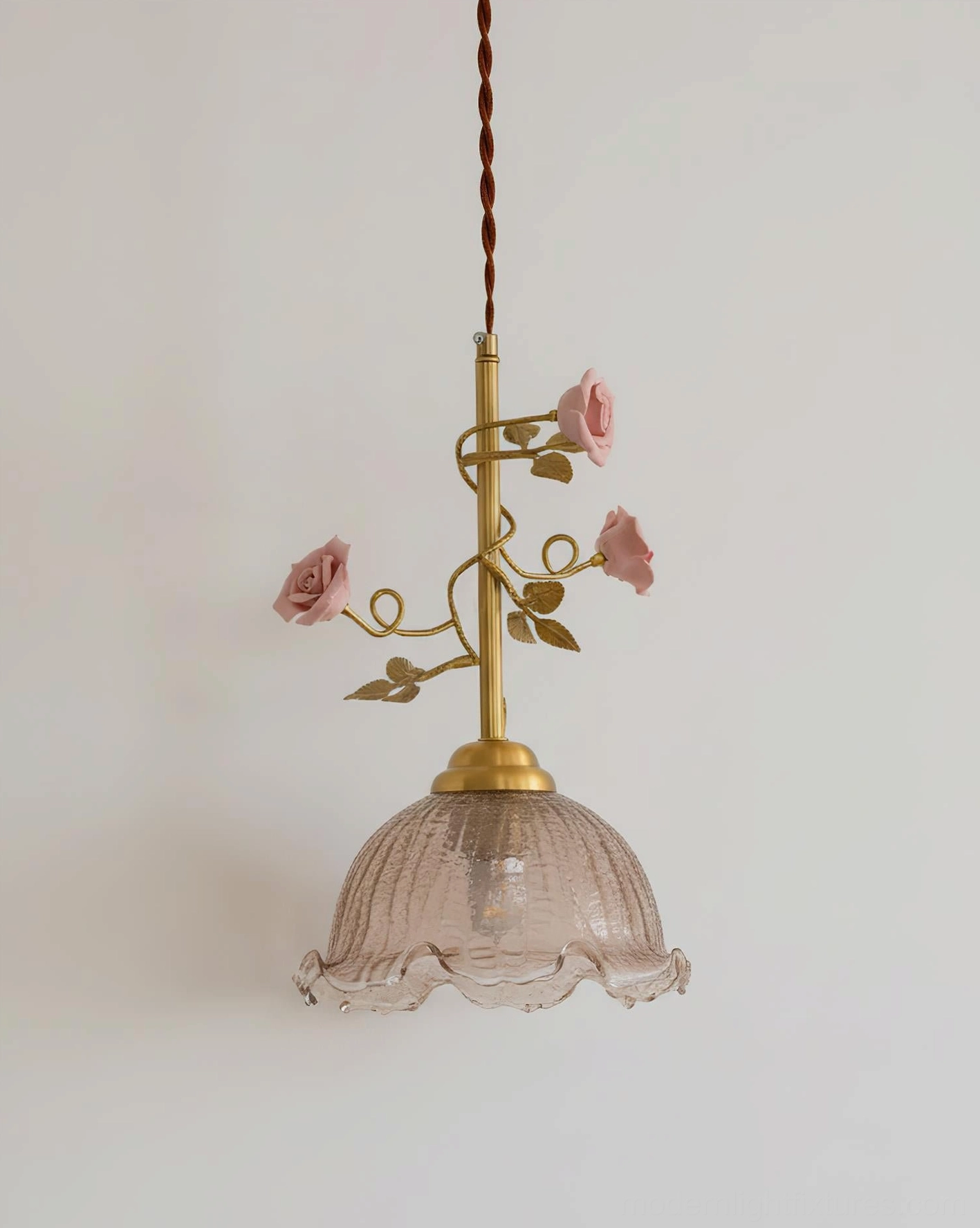 Rosy Reverie rose pendant lamp side view with smoked rippled glass shade, brass gold stem, and hand-crafted pink porcelain flowers
