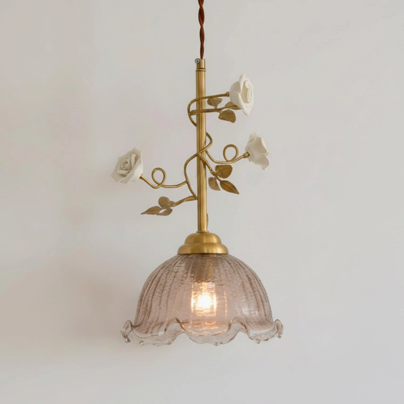 Rosy Reverie pendant lamp in White and Cognac finish - sculptural ceramic floral design with brass stem and glass diffuser