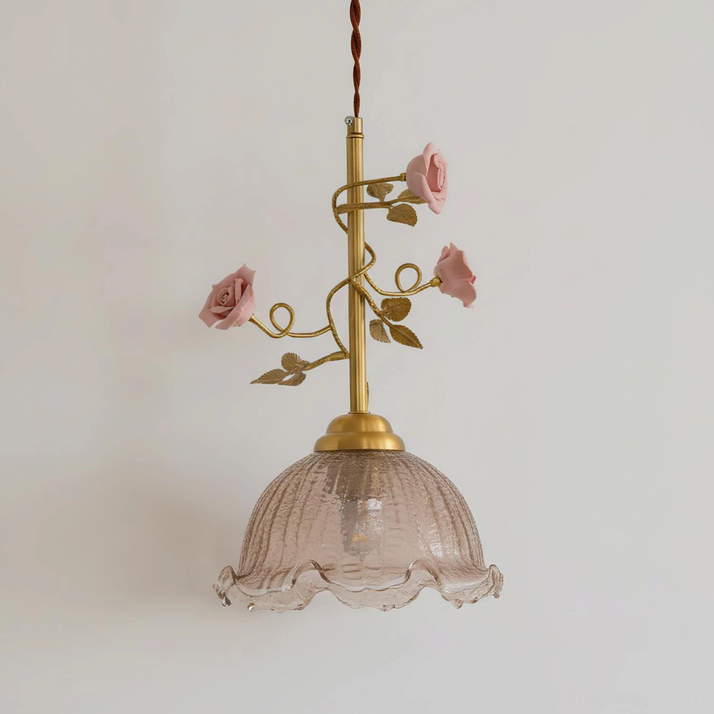 Rosy Reverie pendant lamp in White and Cognac colorway - elegant porcelain roses with warm brass and rippled glass shade