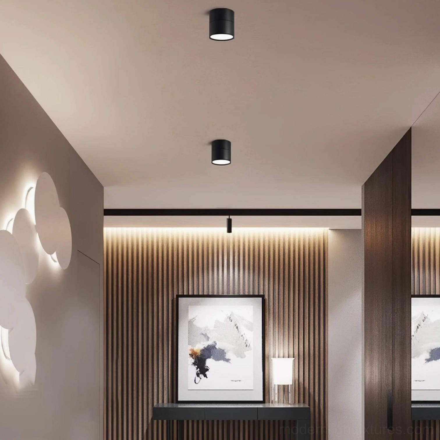 Residential hallway with matte black rotatable spot lights accent lighting art display wall for gallery effect