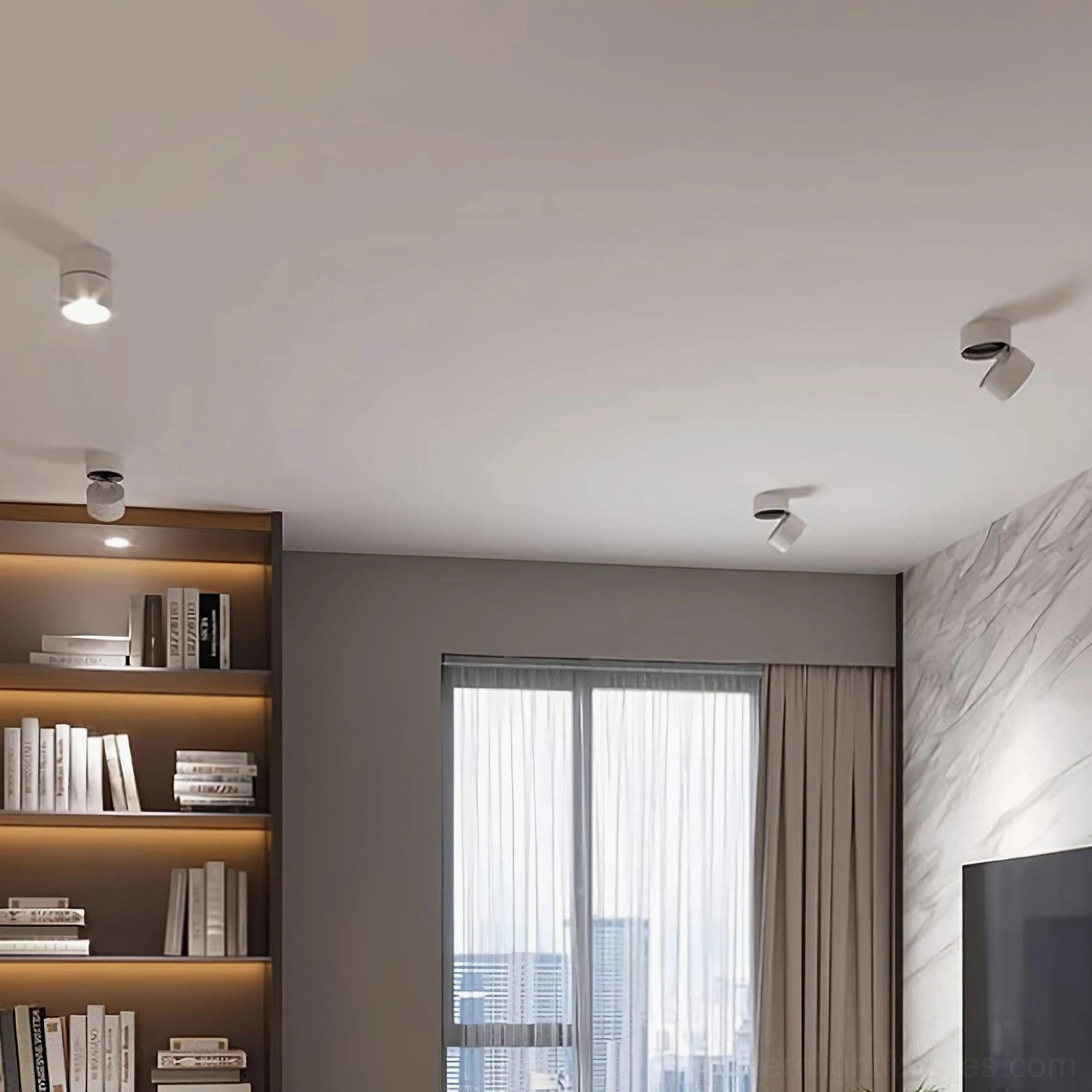 Multi-functional modern living space featuring black and white rotatable spot lights with flexible beam direction