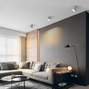 Modern living room interior featuring multiple white rotatable ceiling spot lights installed as a coordinated lighting system
