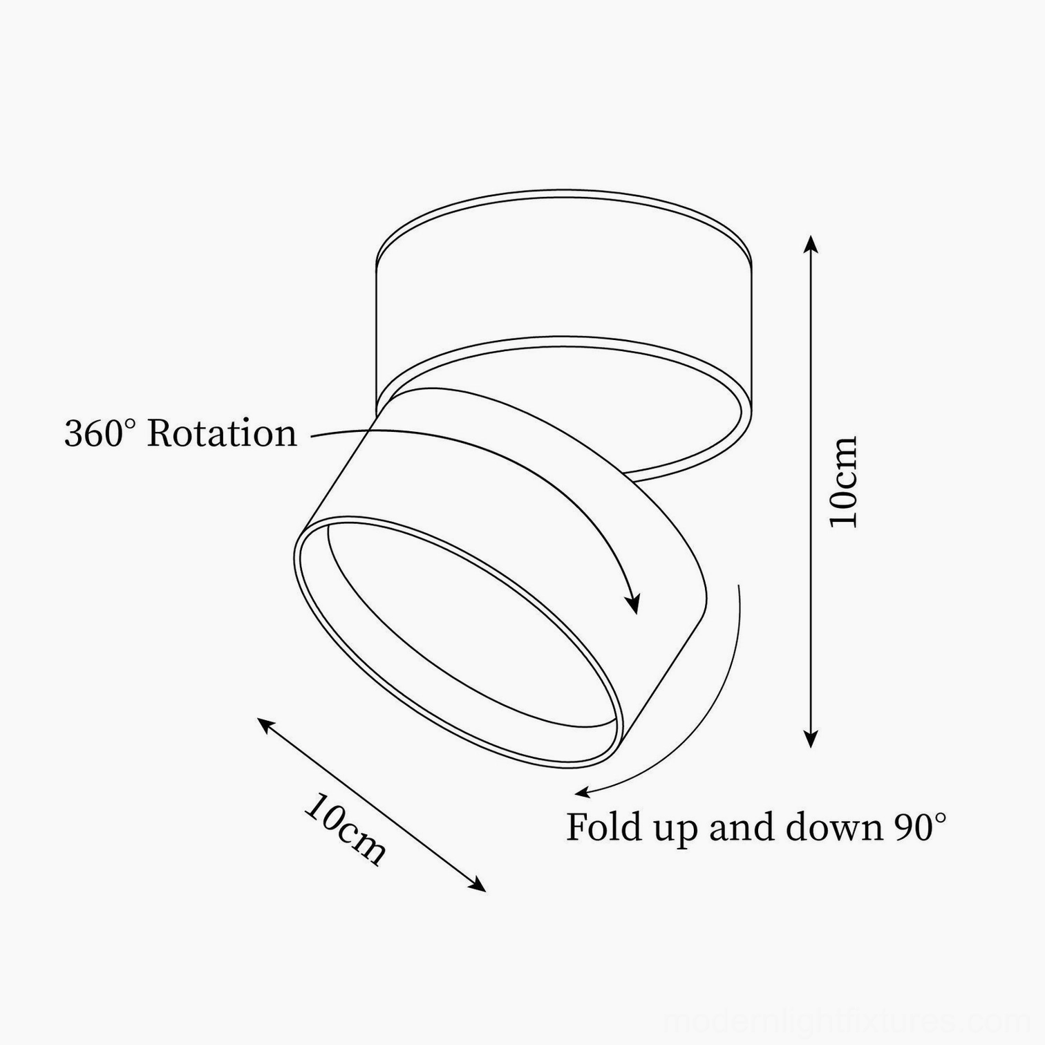 Technical schematic diagram showing 360-degree rotation and 90-degree tilt specifications for rotatable spot light