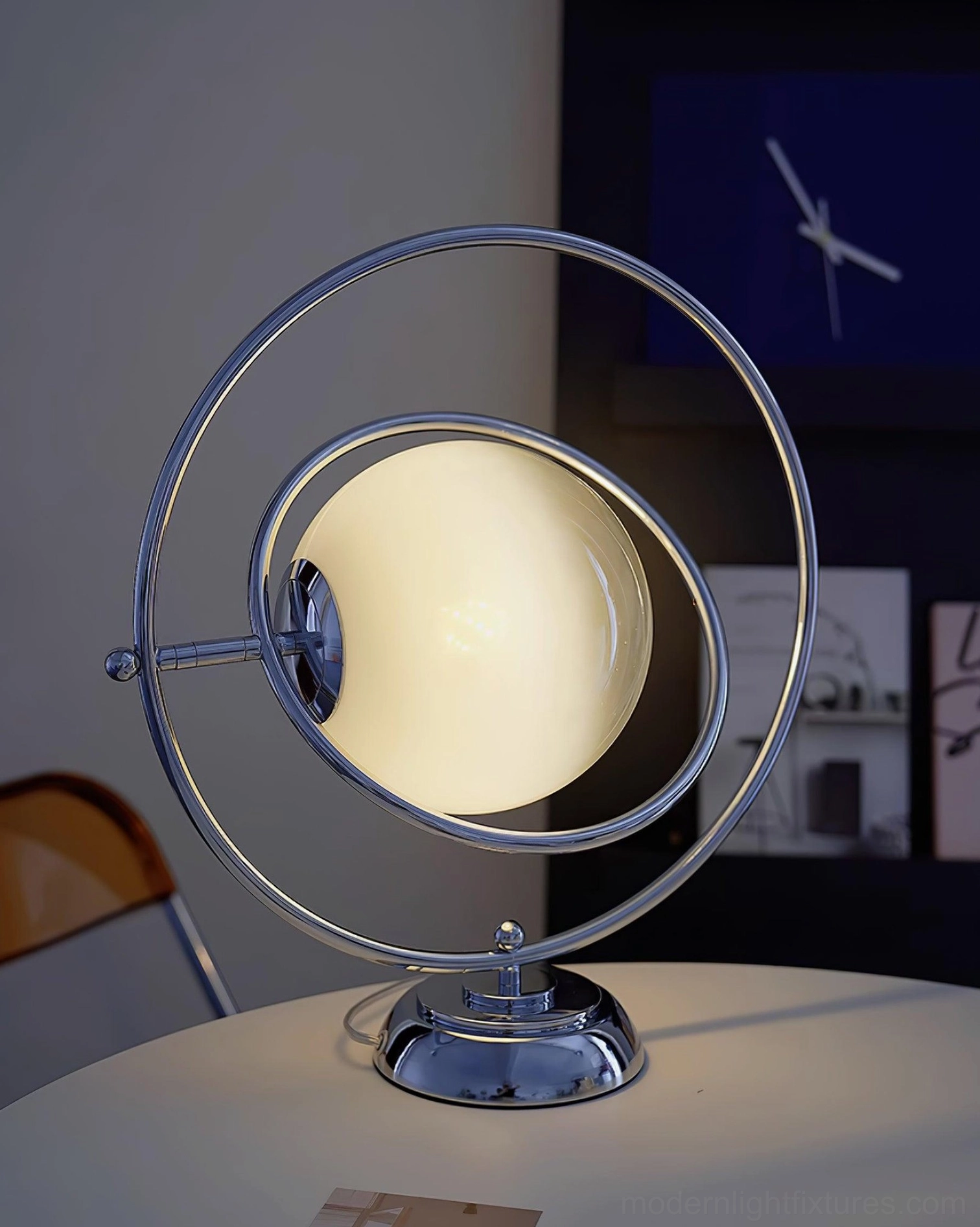 Mid-century modern rotating planet table lamp side profile view