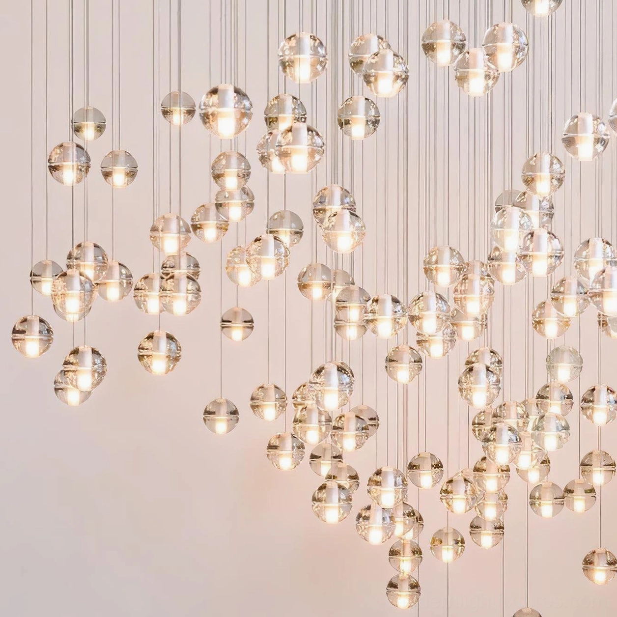 Round canopy K9 crystal pendant light with multiple clear glass orbs and chrome hardware