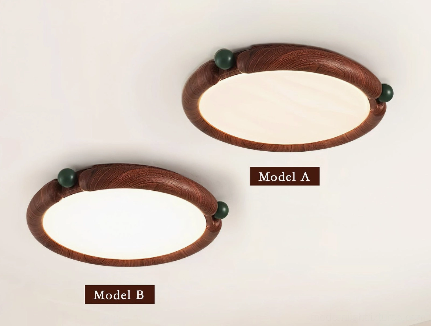 Round wood-grain ceiling fixture variants side-by-side, Model A and Model B comparison
