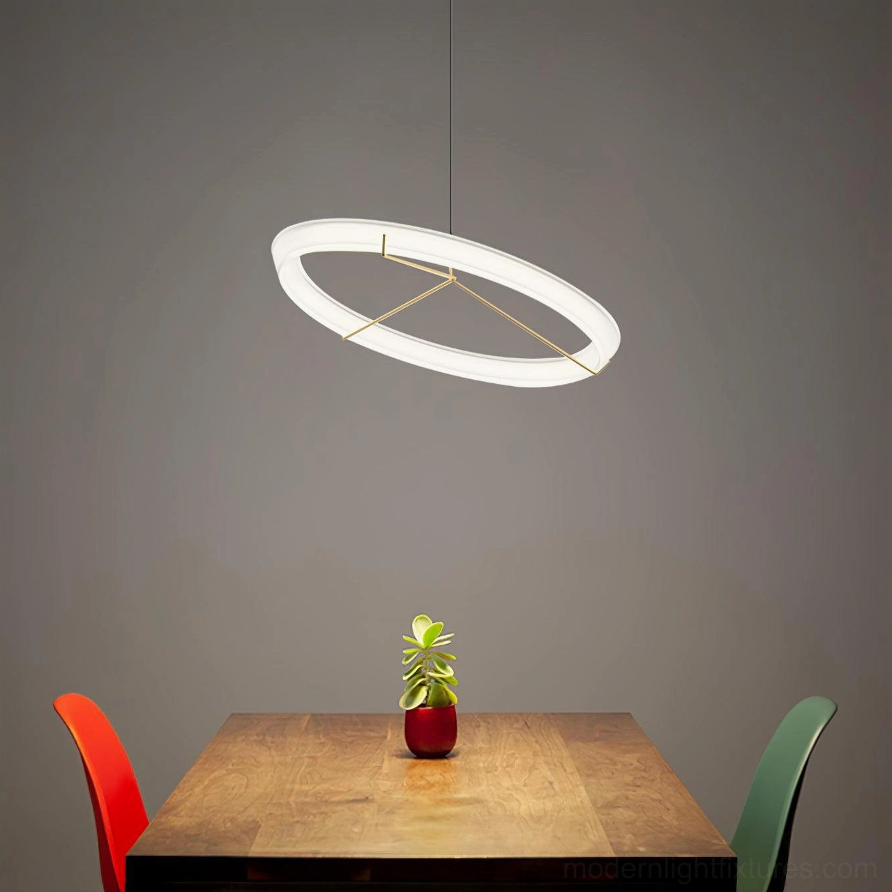 Round acrylic pendant lamp with open circular design for even light distribution