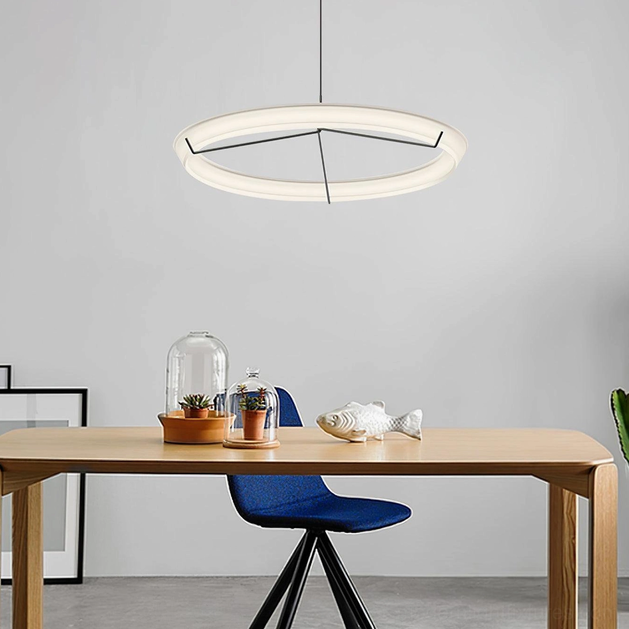 Contemporary round pendant lamp suitable for sloped ceiling installation up to 30 degrees