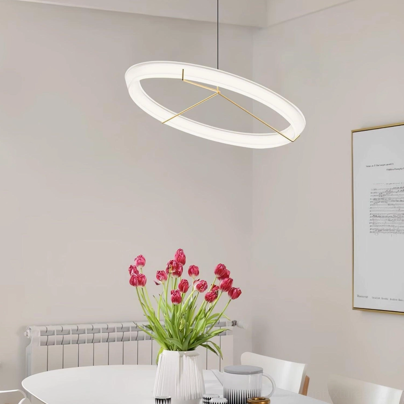Round pendant light available in multiple sizes for different room dimensions and applications