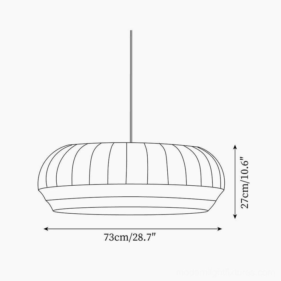 Flat round pendant light dimension drawing - 73cm wide 27cm high pleated design