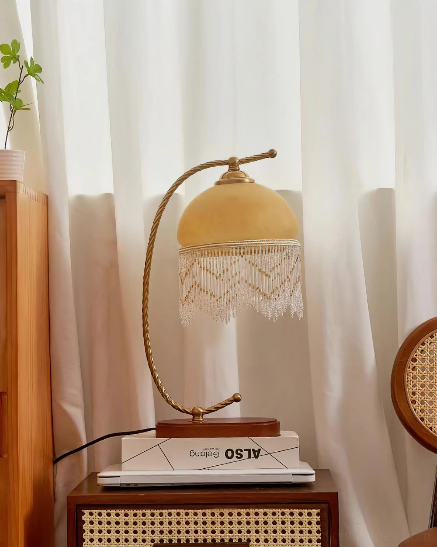 Roussillon Tassel Table Lamp wooden base and twisted brass arm construction quality materials vintage design