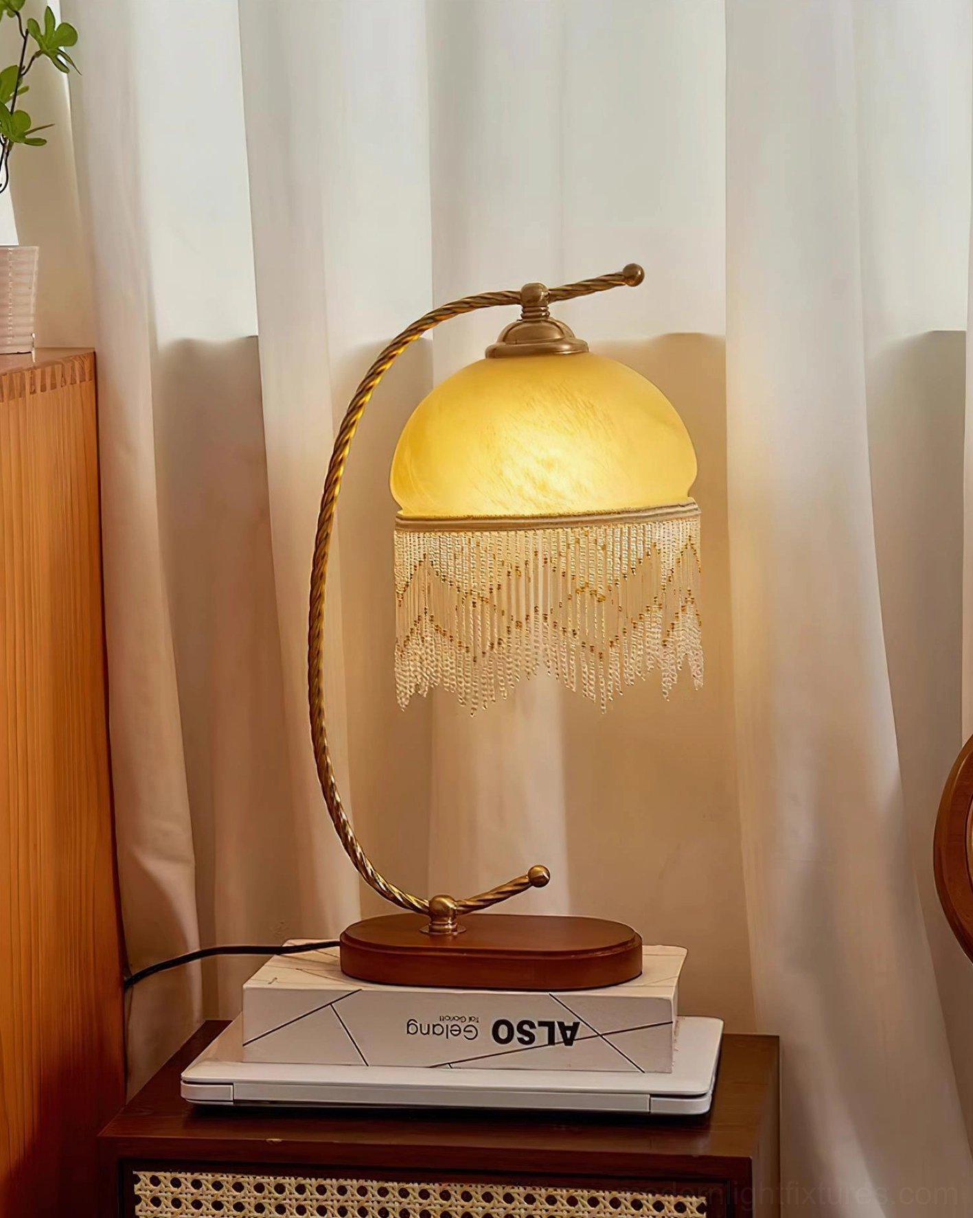 Roussillon Tassel Table Lamp detailed close-up beaded tassel frosted glass shade texture and craftsmanship