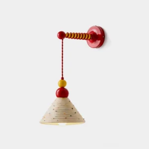 Rovini handwoven colorful wall sconce with red yellow beige fabric shade and decorative metal joints on white studio background