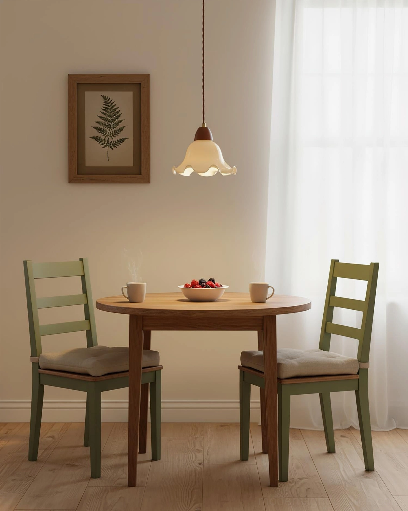 Modern flower pendant light hung above round wooden dining table with green chairs, intimate dining nook