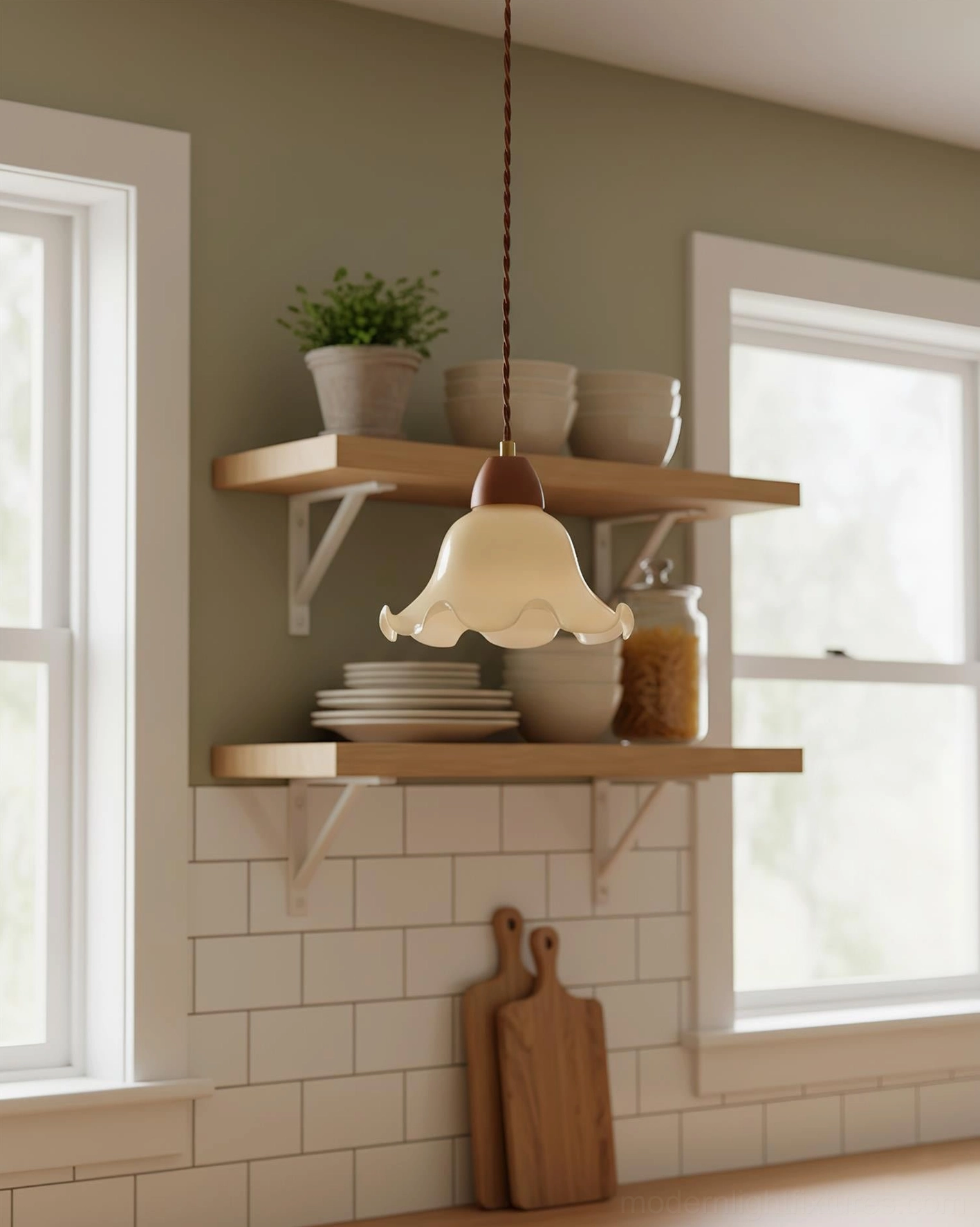 Contemporary rowan flower pendant lamp with walnut wood and beige glass, artistic sculptural design