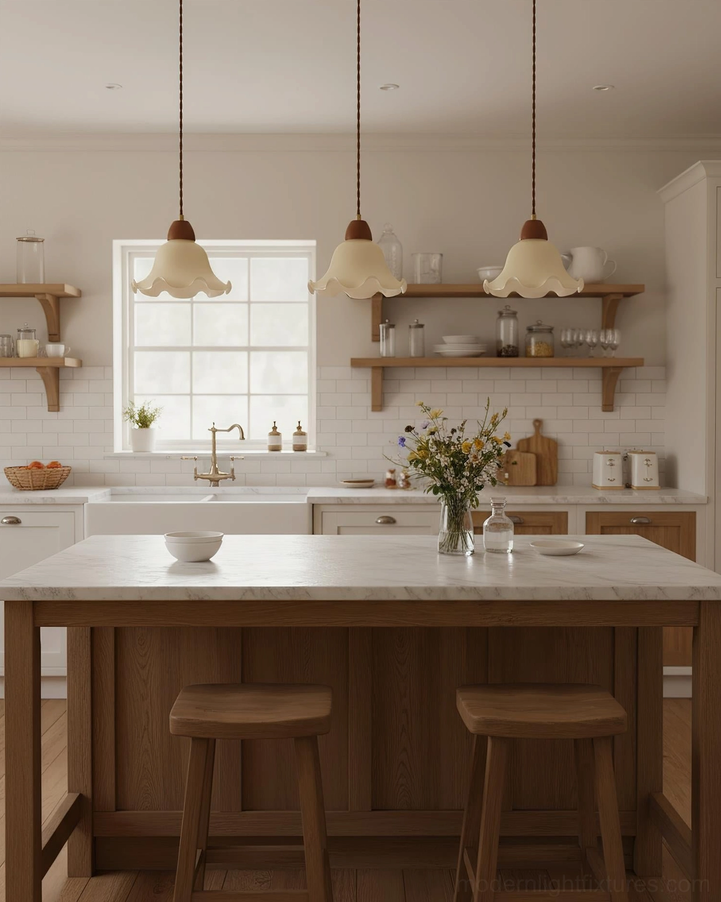 Rowan flower-shaped pendant light detail view showing ruffled frosted glass petals and wood accent
