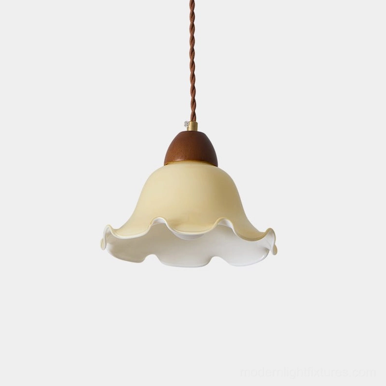 Rowan flower-shaped pendant light with frosted glass shade and walnut wood accent, close-up studio shot