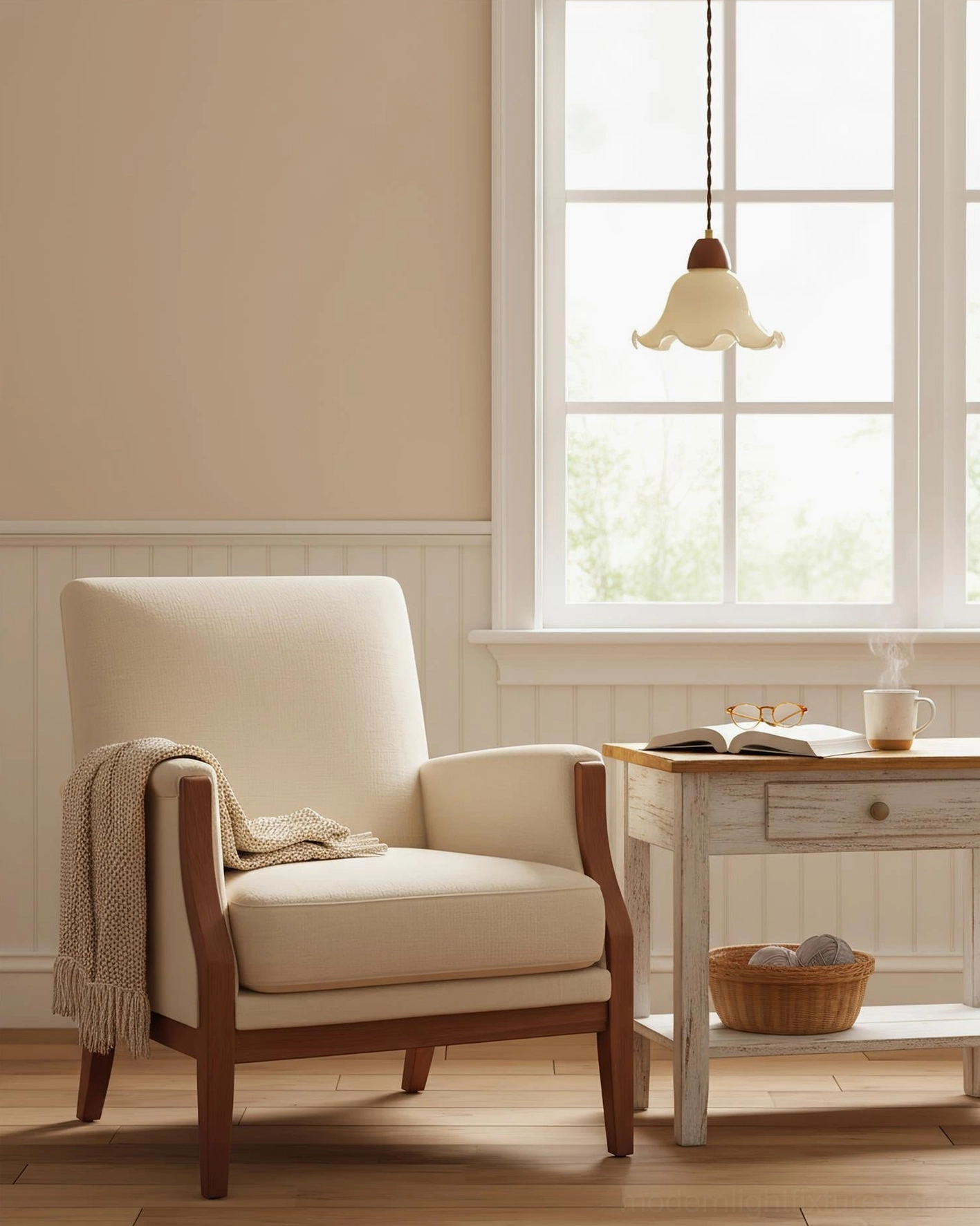 Single rowan flower pendant light positioned beside fabric armchair in living room corner, ambient glow