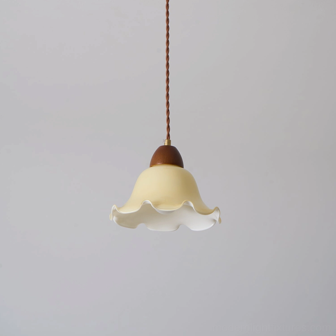 Rowan flower pendant light with walnut and beige coloring, organic sculptural glass shade form