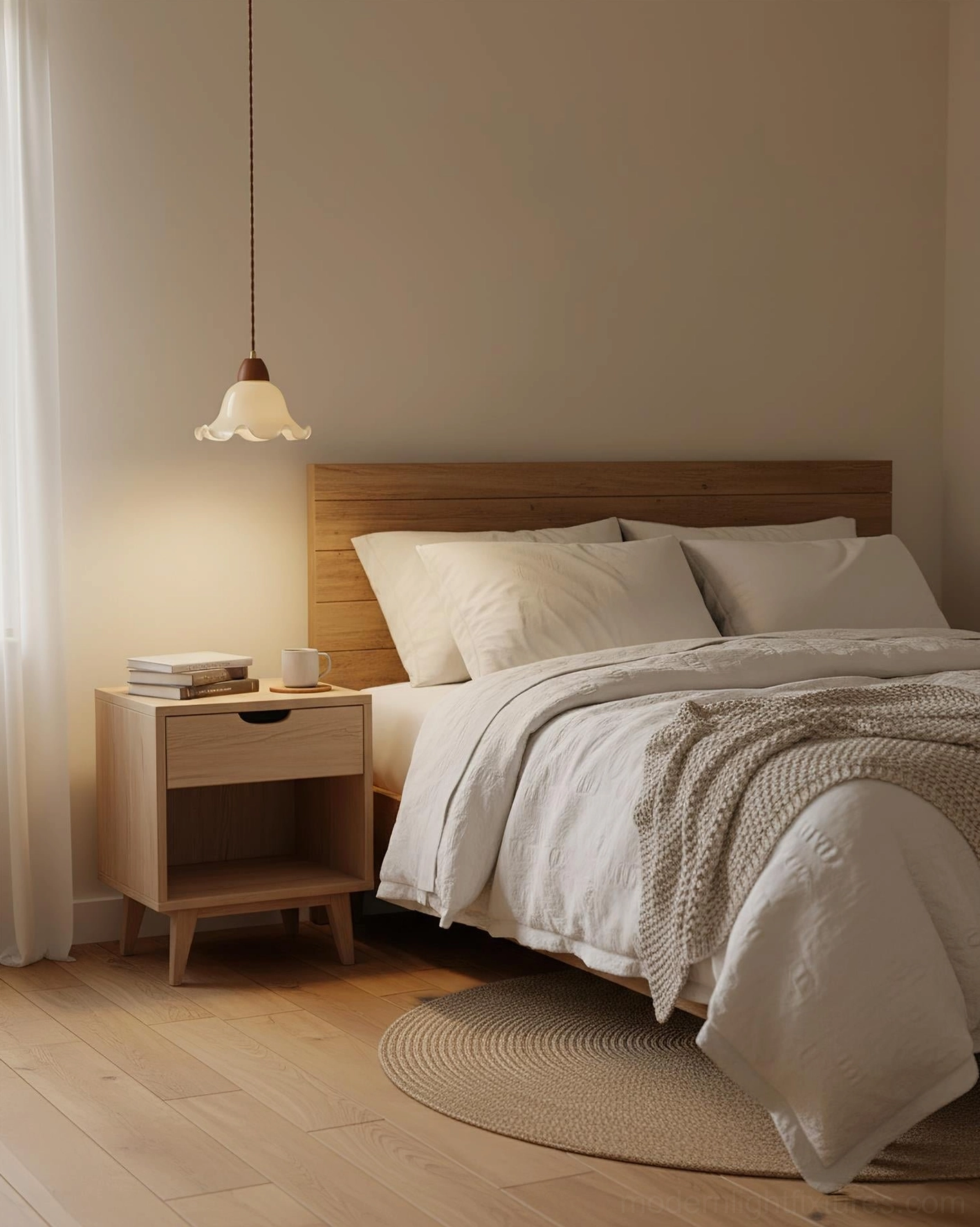 Rowan flower pendant lamp mounted above wooden nightstand in master bedroom, cozy warm lighting
