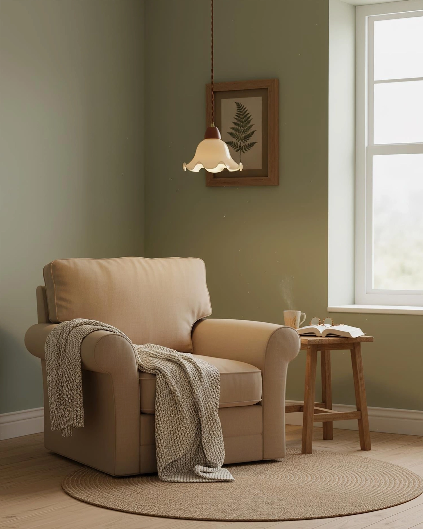 Rowan flower pendant lamp illuminated above reading chair, muted green accent wall, bedroom lighting