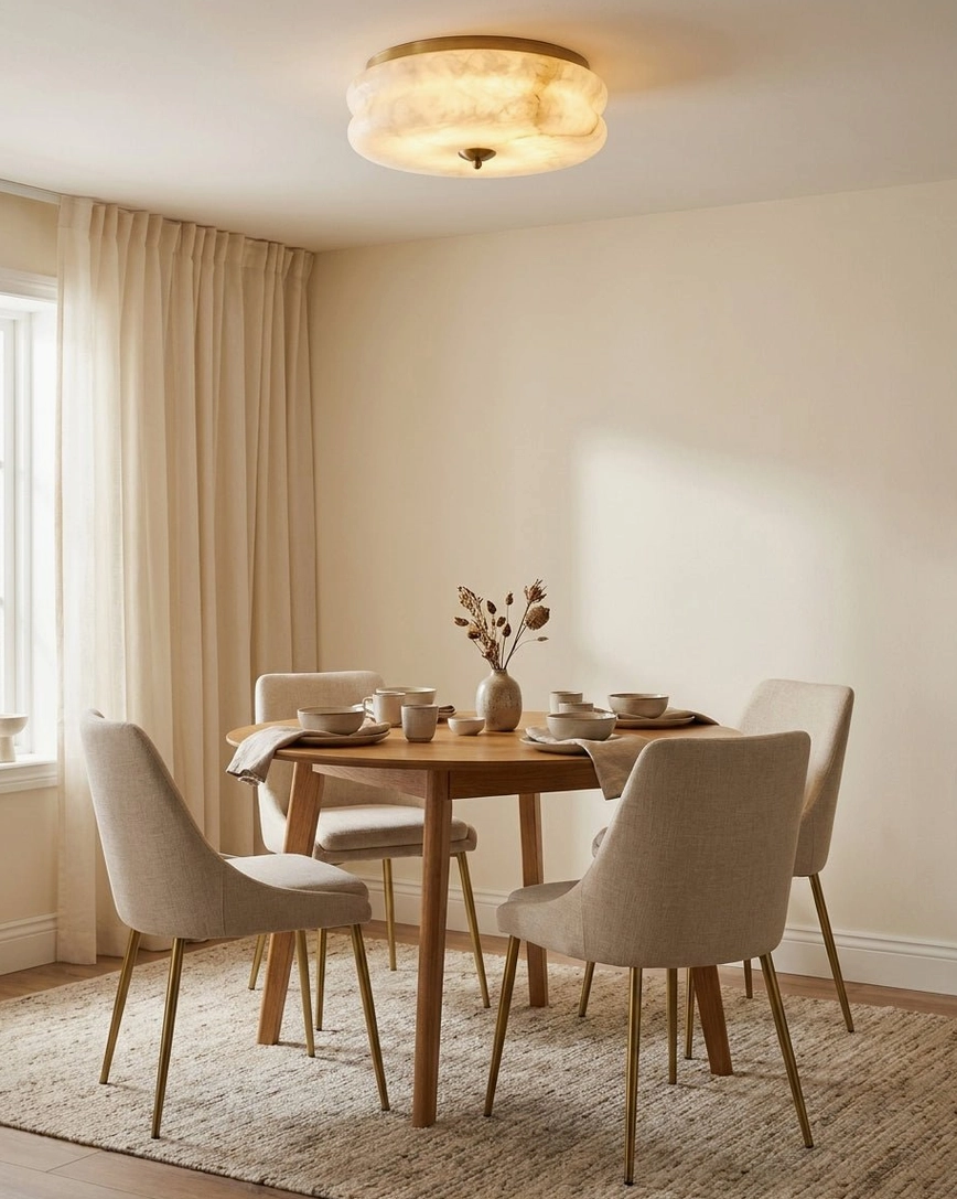 Rowen natural alabaster flush mount ceiling light installed in residential dining area above table with chairs, warm neutral minimalist dining space