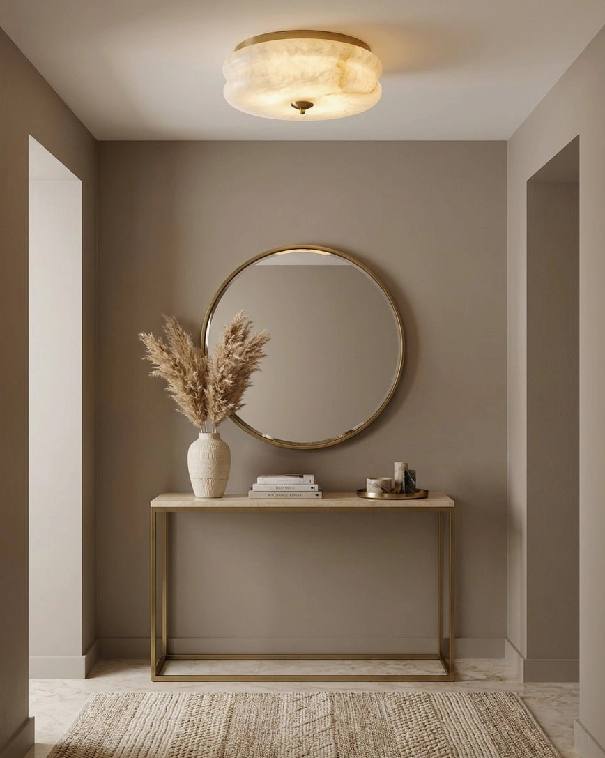 Rowen alabaster flush mount ceiling light in neutral console table entryway vanity corner, overhead view, matching minimalist warm interior style
