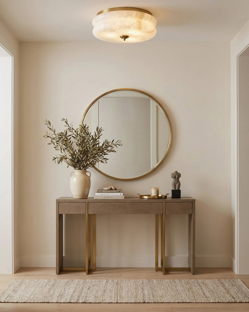 Rowen natural alabaster flush mount mounted in home entryway vanity nook overhead view, warm neutral minimalist interior design