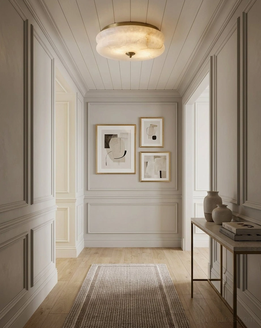 Rowen alabaster flush mount ceiling light installed in traditional hallway interior with shiplap ceiling, warm neutral minimalist decor style