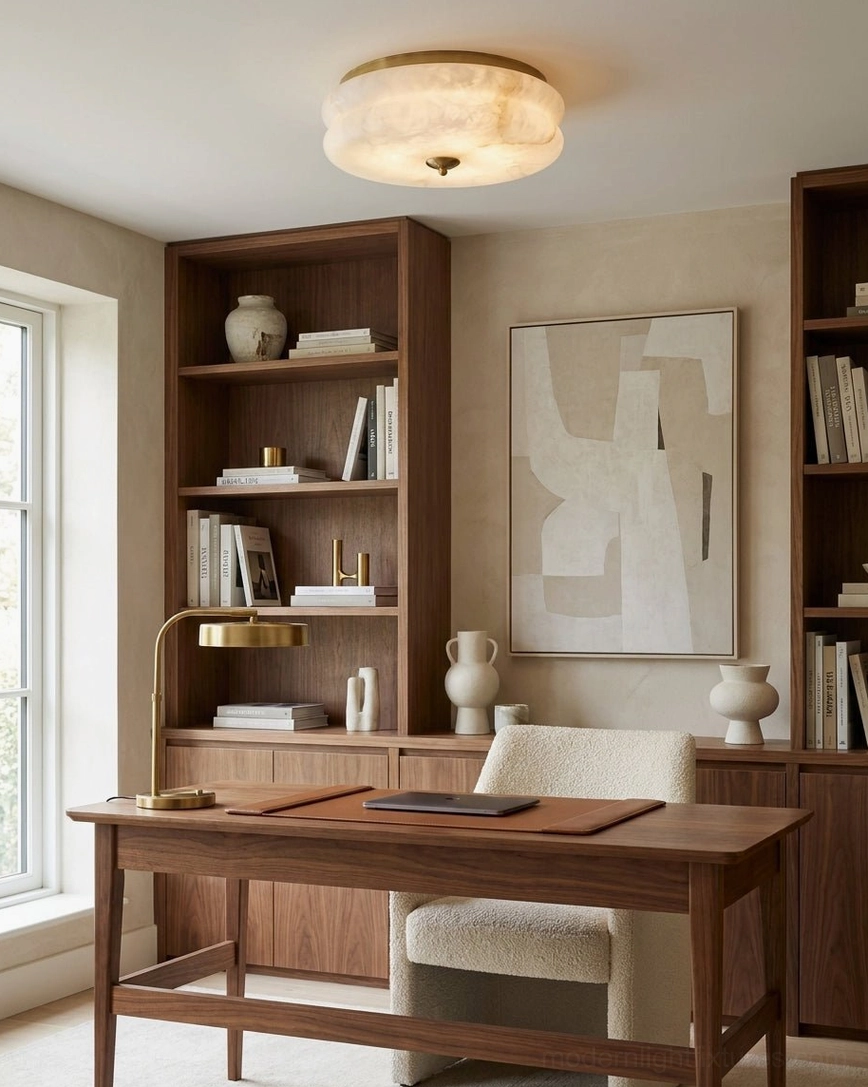 Rowen alabaster flush mount ceiling light illuminating modern farmhouse home office with wooden bookshelves and desk, warm neutral decor