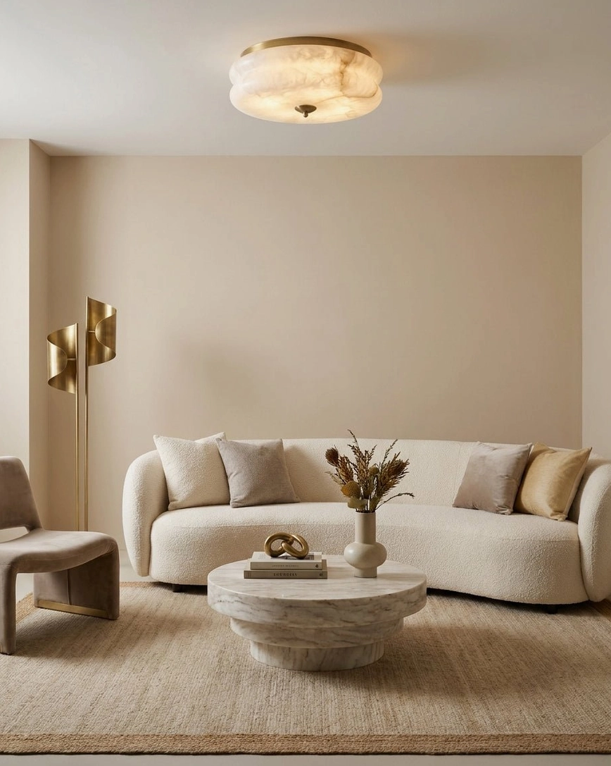 Rowen natural alabaster flush mount overhead view in residential living room with sofa and lounge chair, warm modern minimalist home lighting