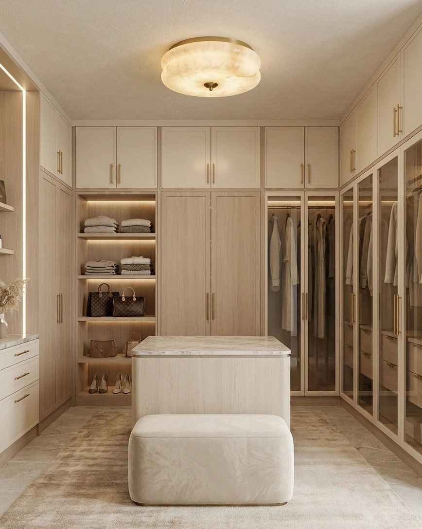 Rowen alabaster flush mount ceiling light in luxury walk-in closet overhead perspective, neutral warm minimalist luxury interior design