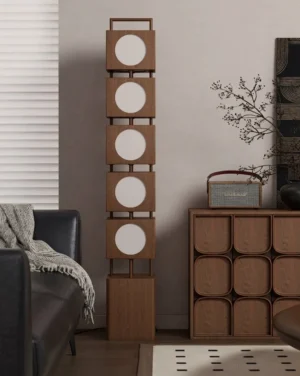 Rowen floor lamp in modern living room corner, warm ambient light from 5-module tower, contemporary Japandi interior design