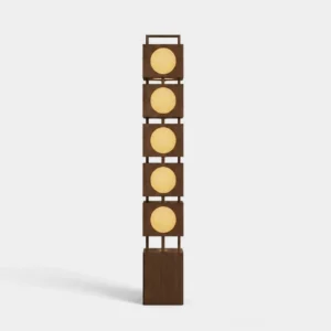 Rowen stacked lantern floor lamp front view, 5-module configuration with frosted acrylic globes, modern Japandi design, dark wood frame on white background