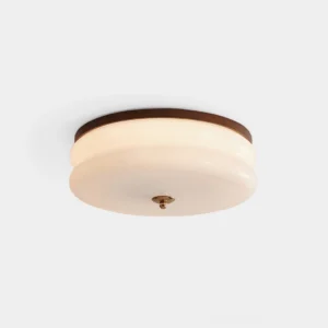 Rowen modern two-tier ceiling light with dark walnut wood trim and frosted milky glass shade, direct front product view on white background