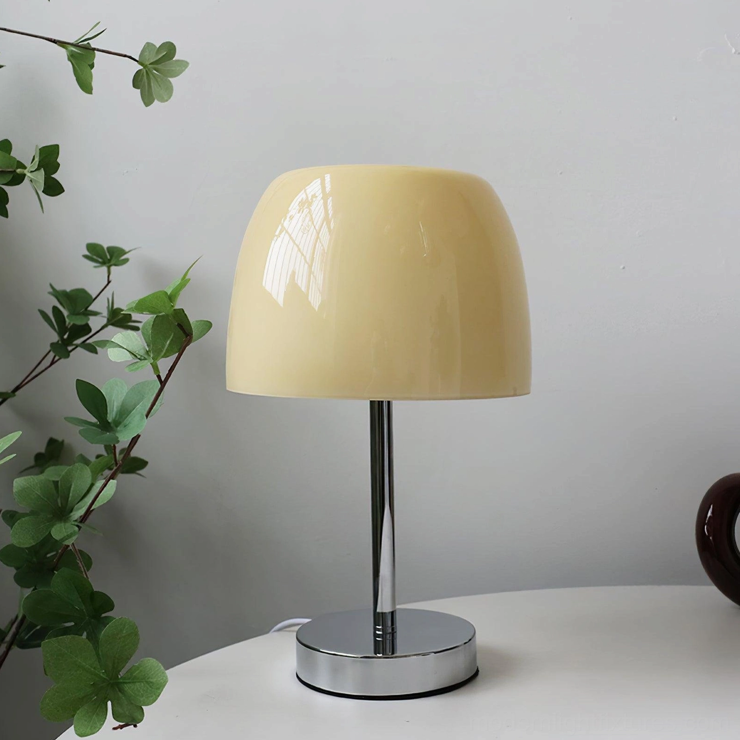 Roxboro beige glass table lamp on contemporary minimalist desk home office setup
