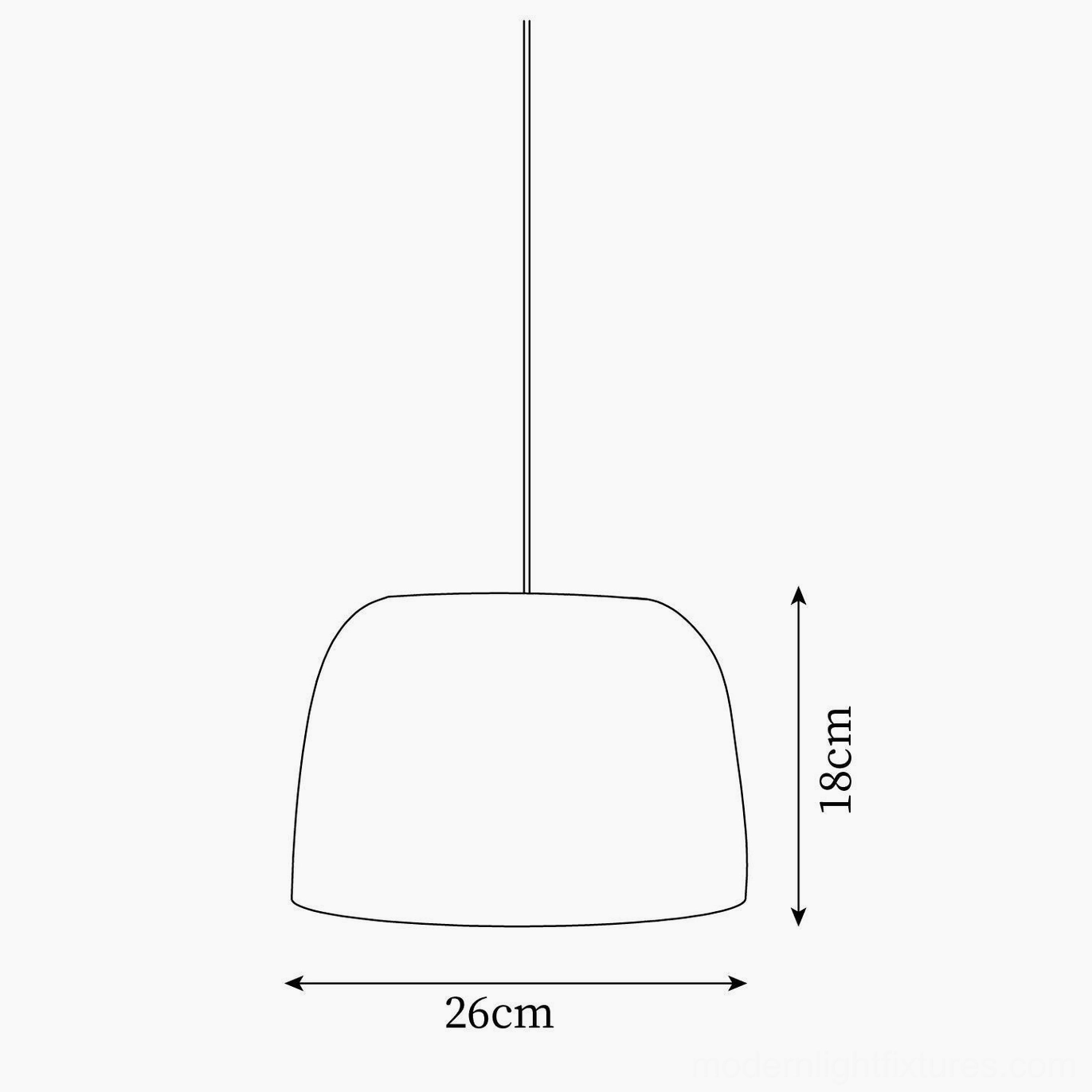 Technical dimension sketch of Roxboro pendant lamp showing 26cm diameter and 18cm height measurements