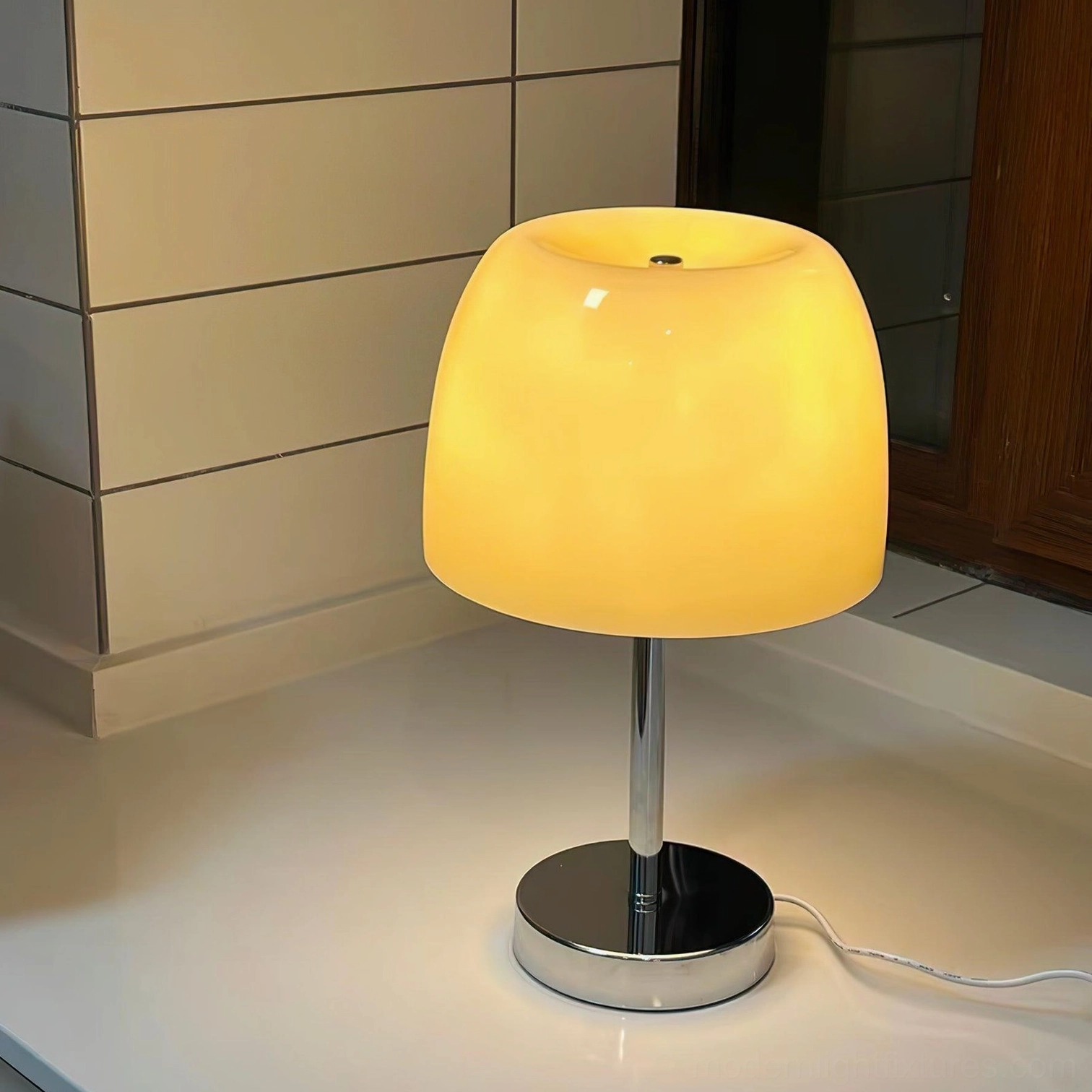 Retro 1960s inspired Roxboro glass table lamp mushroom shade chrome base