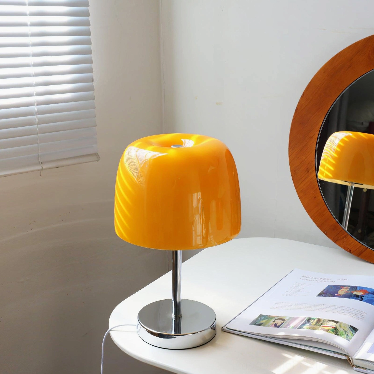 Roxboro yellow warm light glass table lamp in bedroom nightstand setting