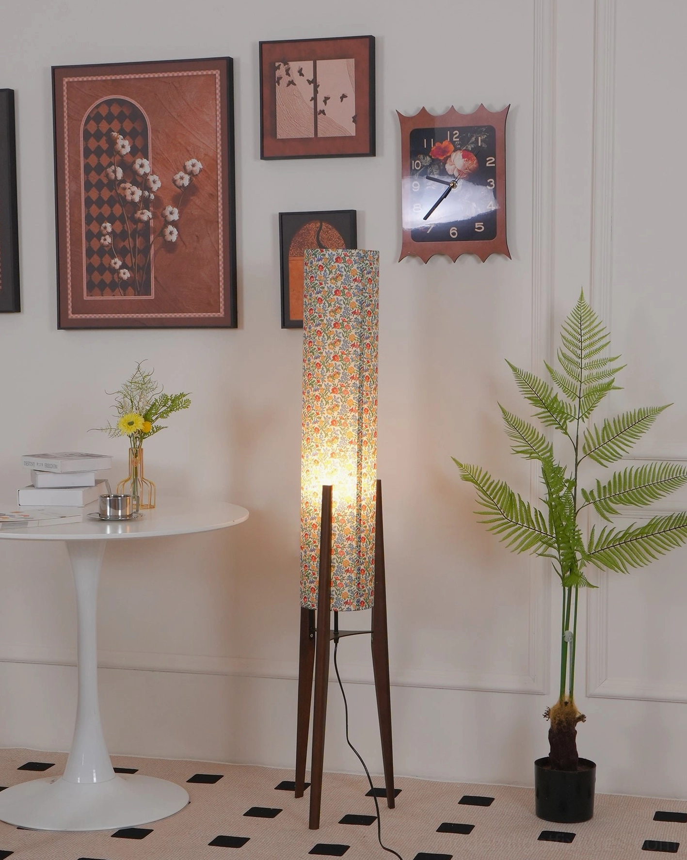 Roya Botanical Floral Floor Lamp tripod stand with fabric shade in various interior design applications showcase