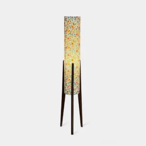 Roya Floral Tripod Floor Lamp with colorful botanical print fabric shade and dark brown wooden tripod stand, front view on white background