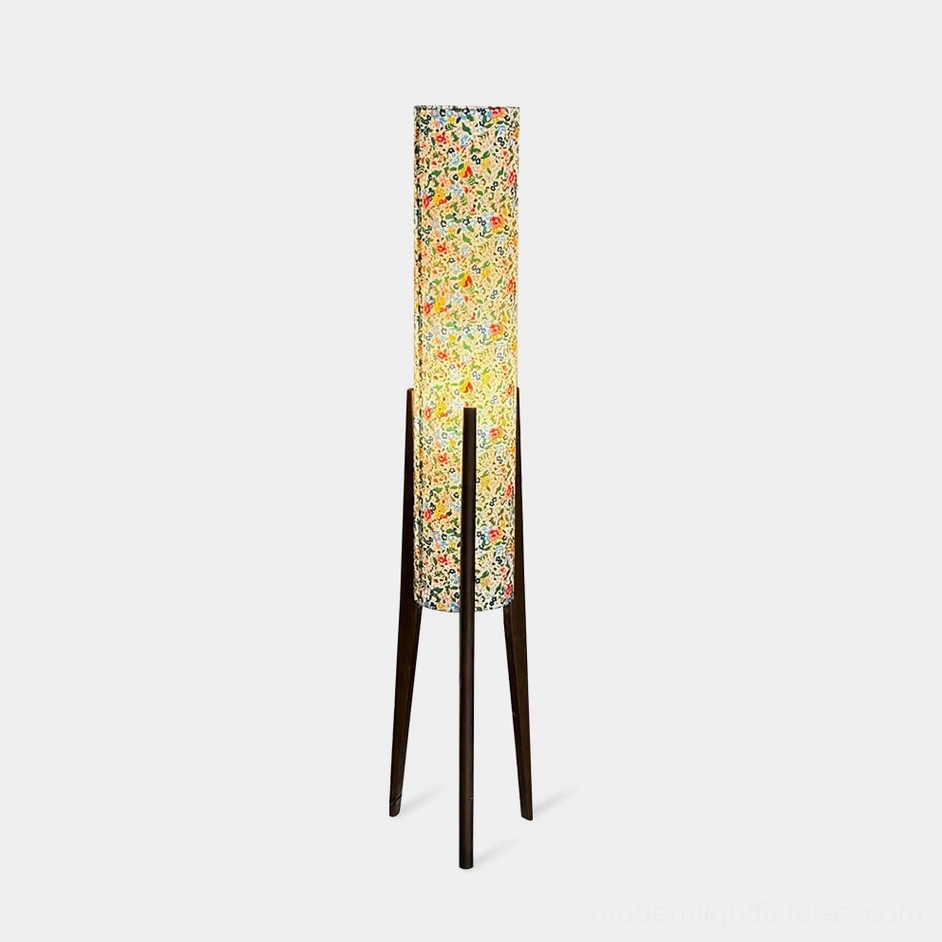 Roya Floral Tripod Floor Lamp with colorful botanical print fabric shade and dark brown wooden tripod stand, front view on white background