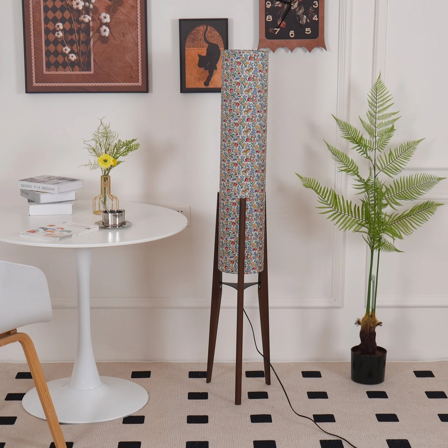 Roya Floral Floor Lamp complete product assembly with all components wooden tripod fabric shade and cord