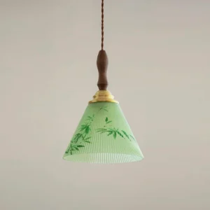 Botanical pendant lamp with twisted brown cord and tapered green shade featuring bamboo patterns, direct front view
