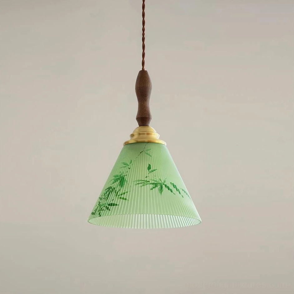 Botanical pendant lamp with twisted brown cord and tapered green shade featuring bamboo patterns, direct front view