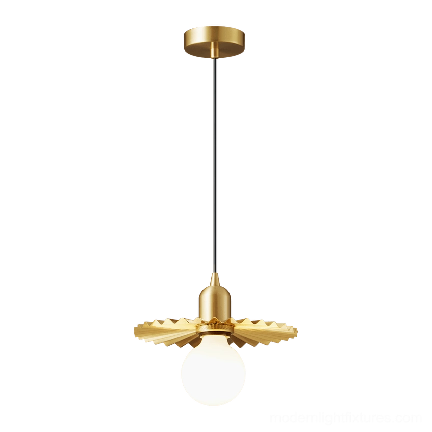 Rozeta brass pendant light mounted on white ceiling showing suspension and installation view