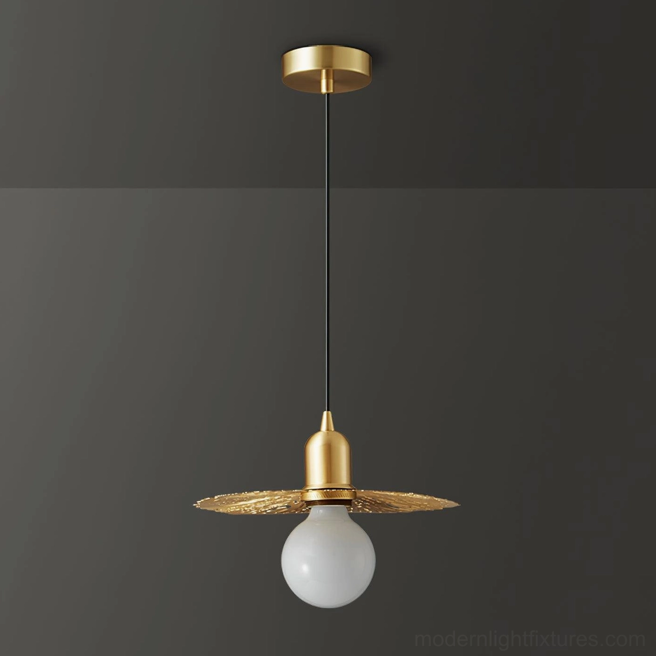 Rozeta brass pendant light with globe bulb visible through pleated petal shade design